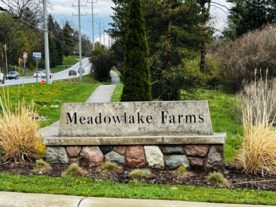The stone entrance monument and landscaping for the Meadowlake Farms subdivision in Bloomfield Hills, Michigan.