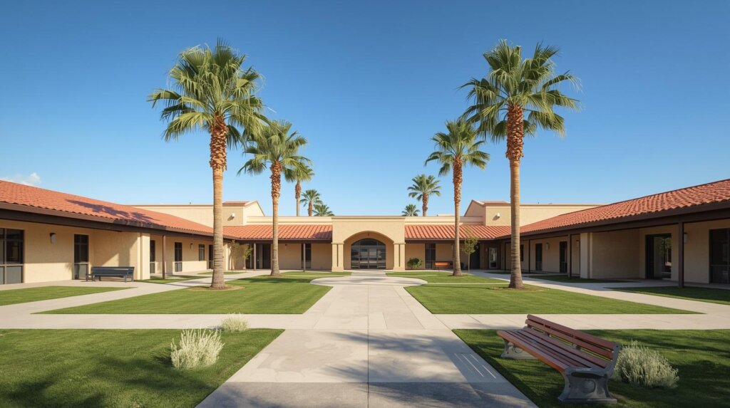 Courtyard walkway at a Vista school campus (descriptive)