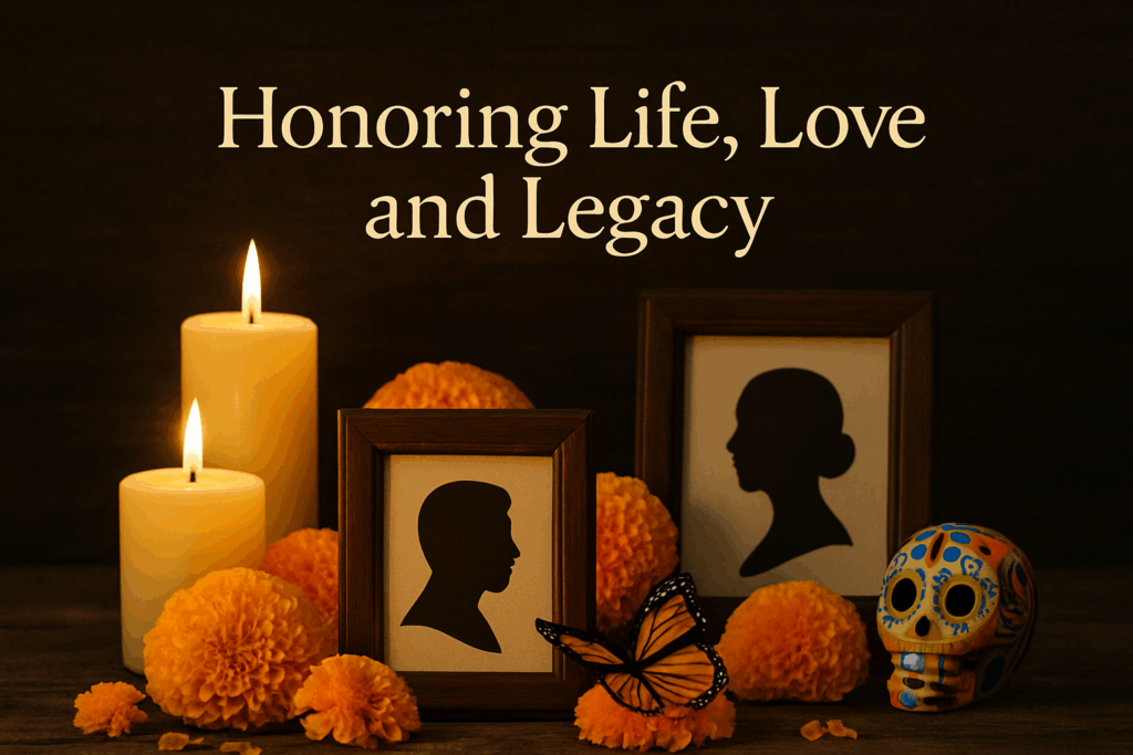 Día de los Muertos in Fallbrook altar with marigolds, candles, butterfly, and silhouettes — honoring life, love, and legacy.