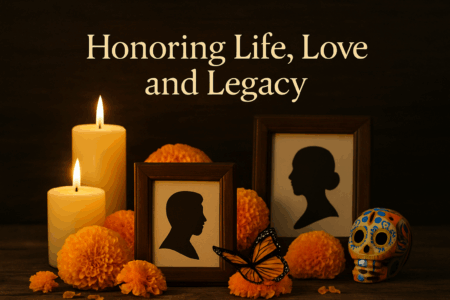 Día de los Muertos altar with marigolds, candles, butterfly, and silhouettes — honoring life, love, and legacy.