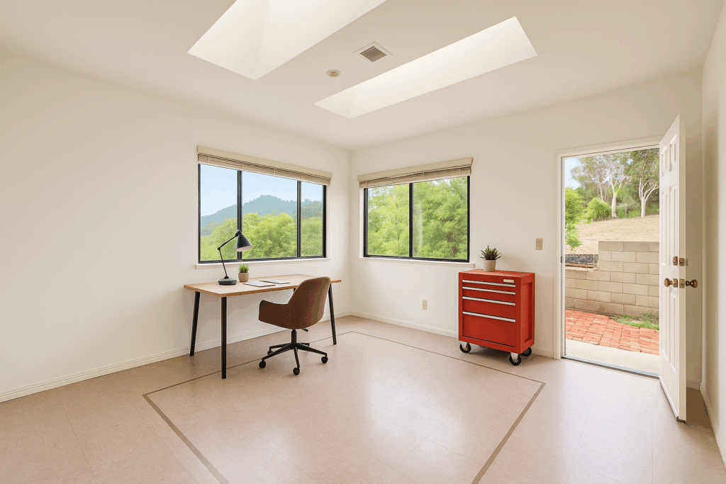 Fallbrook open house 900 sq ft finished workshop with built-in cabinetry and office