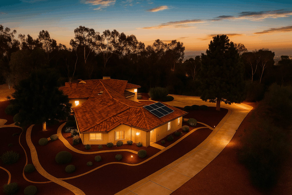 Fallbrook estate 145 Yucca Road twilight aerial with tile roof 