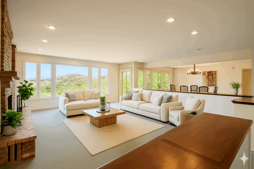 Fallbrook home living room with fireplace and mountain views