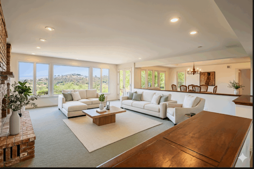 Bright living room with fireplace and natural light