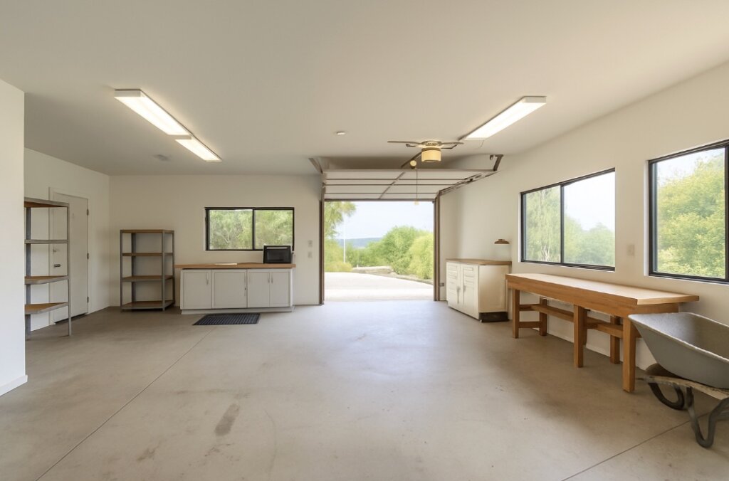 900 sq ft finished workshop at 145 Yucca Road in Fallbrook with built-in cabinetry and office area.