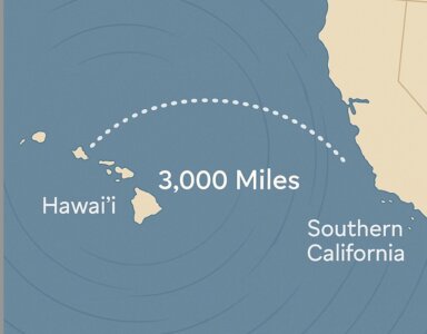 Map showing 3,000-mile relocation and sight-unseen real estate purchase from Hawaii to Southern California.