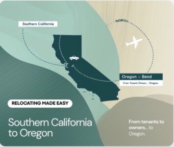 Map showing relocation and real estate purchase from Southern California to Oregon.