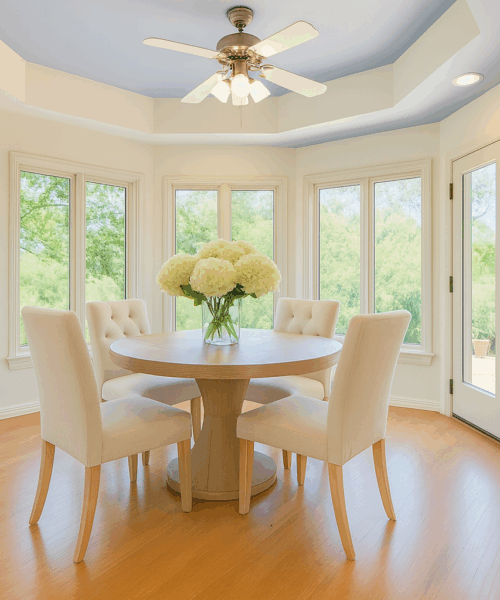 Sunlit breakfast nook with garden views