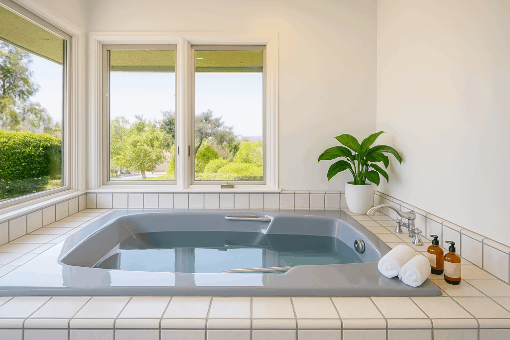 Spa bathroom with garden views 