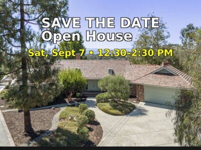 Save the Date graphic for Open House at 145 Yucca Rd, Fallbrook on Saturday, Sept 7 from 12:30–2:30