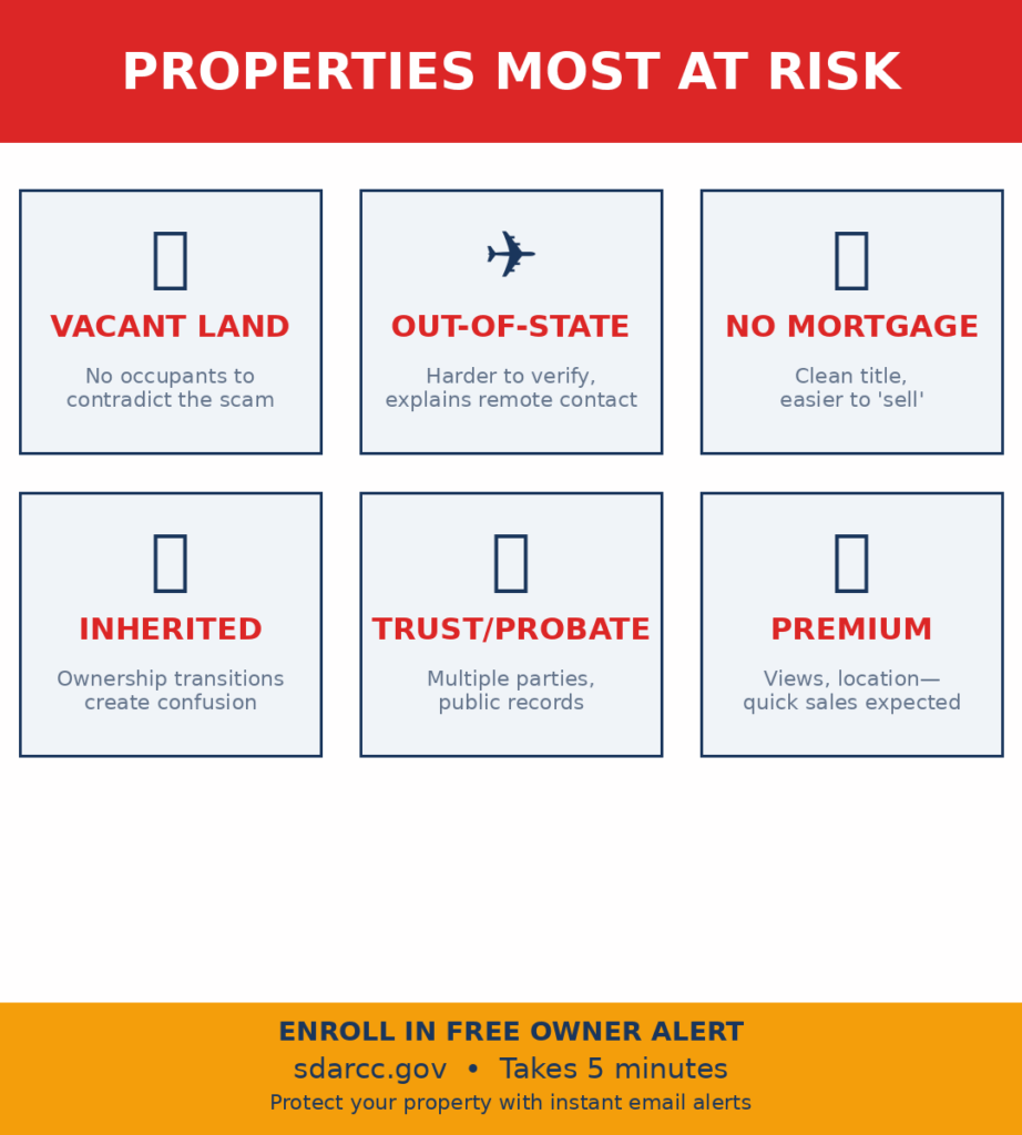Six types of properties most vulnerable to real estate fraud vacant land out of state owners no mortgage inherited trust probate premium locations San Diego County