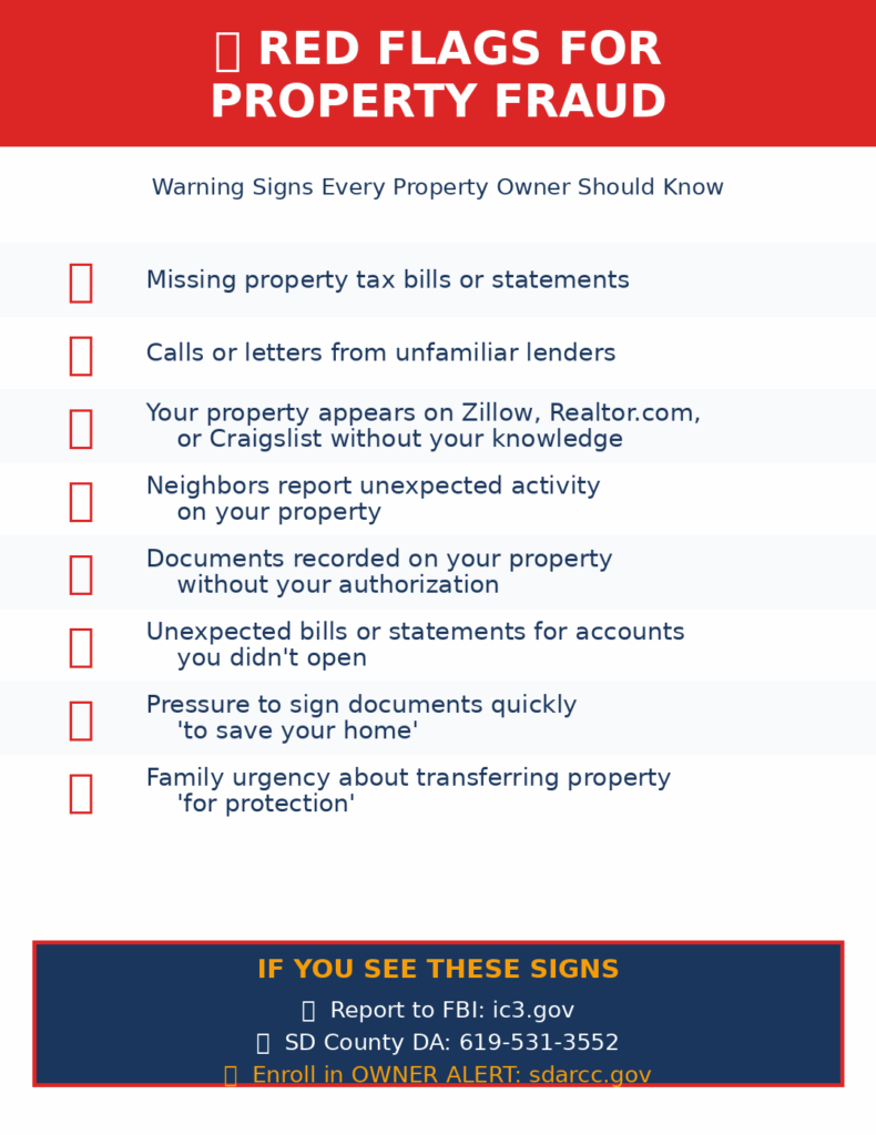 Property fraud red flags warning signs checklist missing tax bills unfamiliar lenders unauthorized listings neighbors report activity documents recorded without authorization