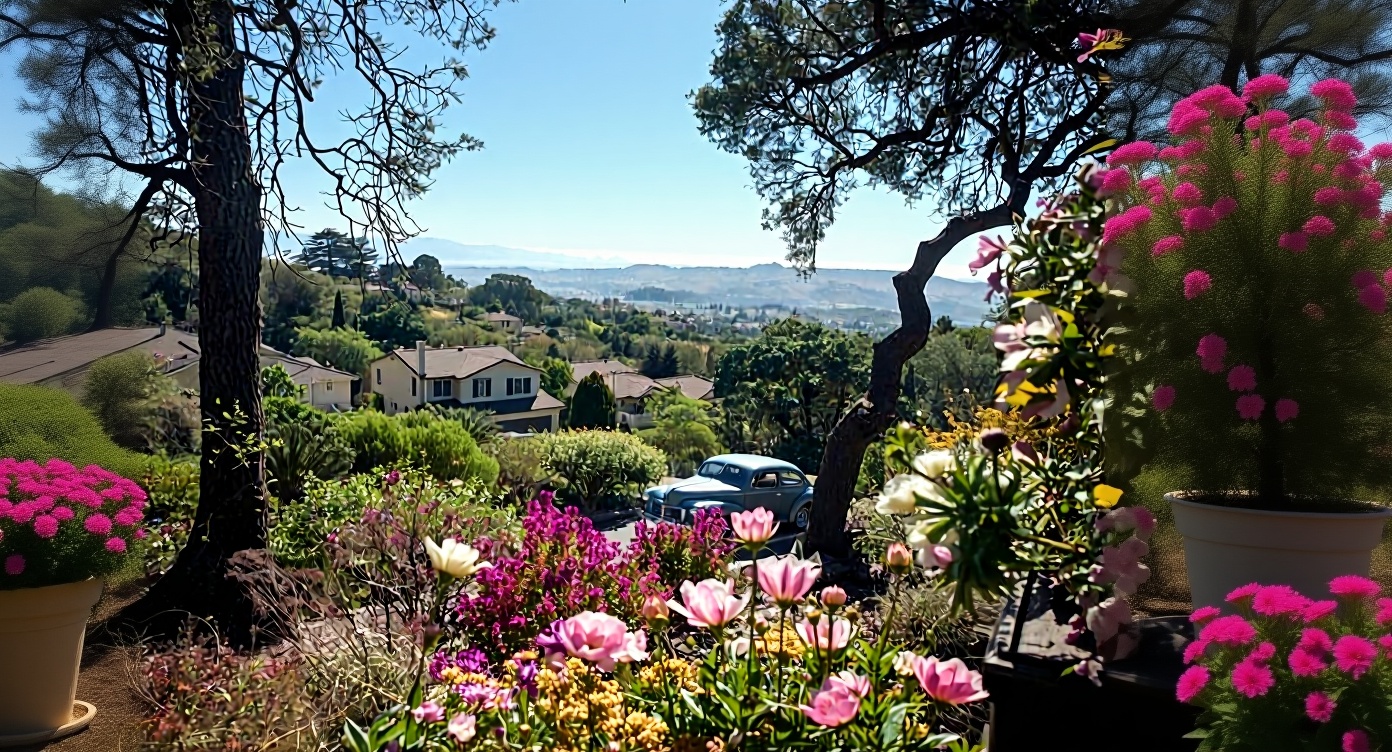 Hillside neighborhood in Vista, California framed by spring flowers.