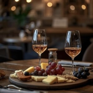 Two glasses of wine and a shared cheese board at a Vista restaurant