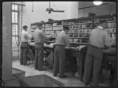Beverly Hills Post Office, interior with men sorting mail, Beverly Hills 1934 Los Angeles Times Photographic Collection / UCLA Library Special Collections