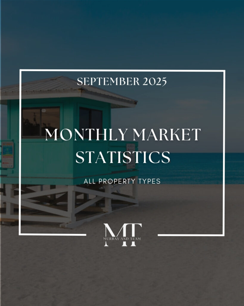 September 2025 Sarasota County real estate market statistics for all property types presented by Murray and Team with beach background
