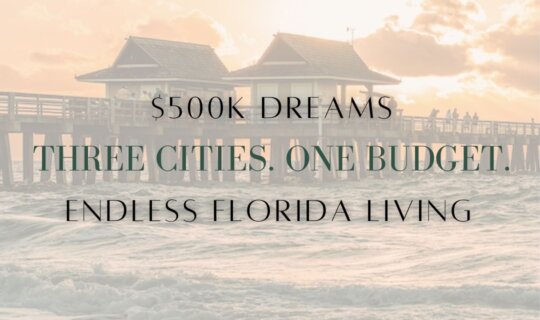 Sunset over a Florida pier symbolizing coastal living with the text '$500K Dreams – Three Cities. One Budget. Endless Florida Living.