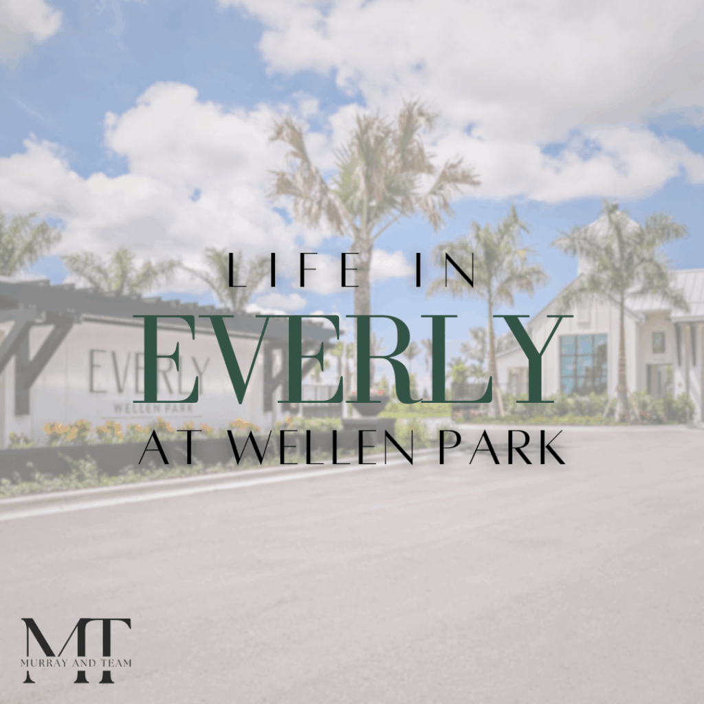 Entrance and community view of Everly at Wellen Park featuring palm trees, modern homes, and luxury Florida living.