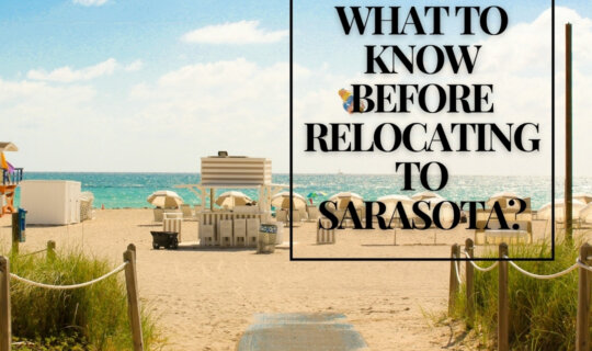 Pathway leading to a sunny Sarasota beach with umbrellas and chairs, promoting relocation tips for moving to Southwest Florida