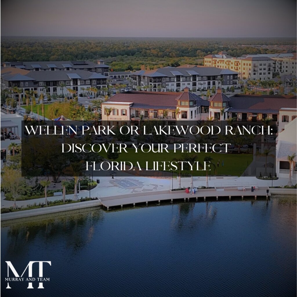 Aerial view of Downtown Wellen Park with waterfront promenade, modern shops, and residential buildings promoting Wellen Park vs Lakewood Ranch Florida lifestyle.