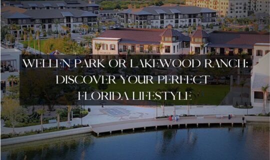 Aerial view of Downtown Wellen Park with waterfront promenade, modern shops, and residential buildings promoting Wellen Park vs Lakewood Ranch Florida lifestyle.