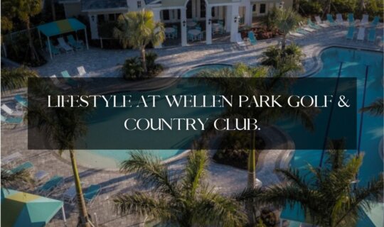 Aerial view of the pool and clubhouse at Wellen Park Golf & Country Club in Venice, Florida.
