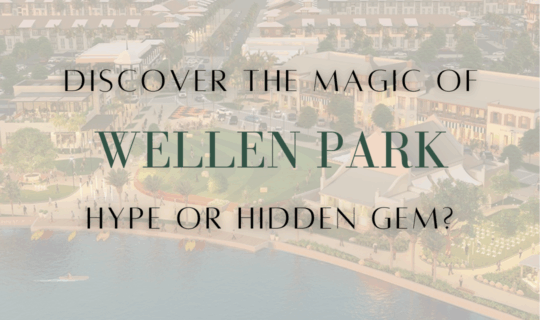 Aerial view of Wellen Park Florida showing the downtown area, waterfront, and community spaces during sunset.