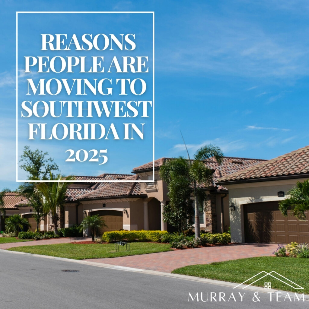 A sunny Florida neighborhood with palm trees and modern Mediterranean-style homes, featuring the text "Reasons people Are Moving to Southwest Florida in 2025" overlayed on a bright blue sky.