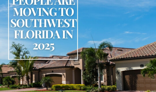 A sunny Florida neighborhood with palm trees and modern Mediterranean-style homes, featuring the text "Reasons people Are Moving to Southwest Florida in 2025" overlayed on a bright blue sky.