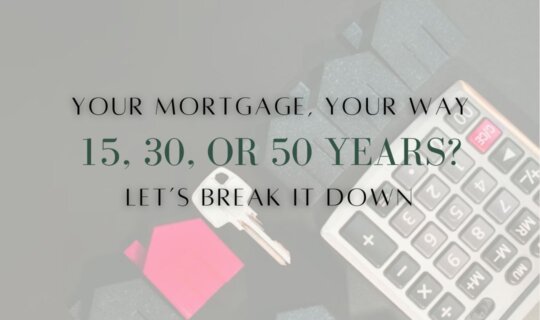 Calculator, house key, and small house models with text “Your Mortgage, Your Way: 15, 30, or 50 Years?” for mortgage planning guidance