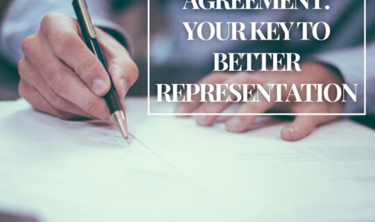 Close-up pf a person signing a buyer broker agreement with text overlay promoting better representation in real estate