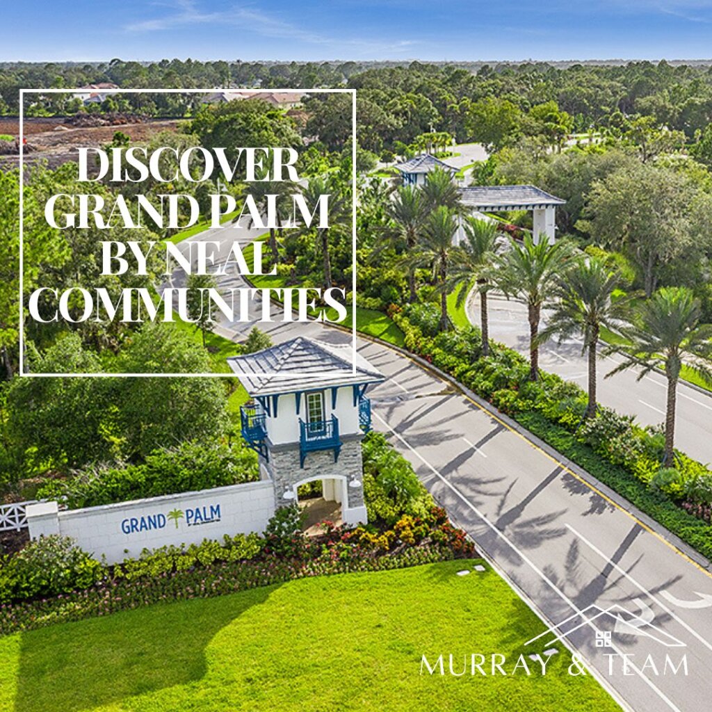 Aerial view of Grand Palm community entrance by Neal Communities in Venice, Florida, showcasing palm-lined streets and lush landscaping. 