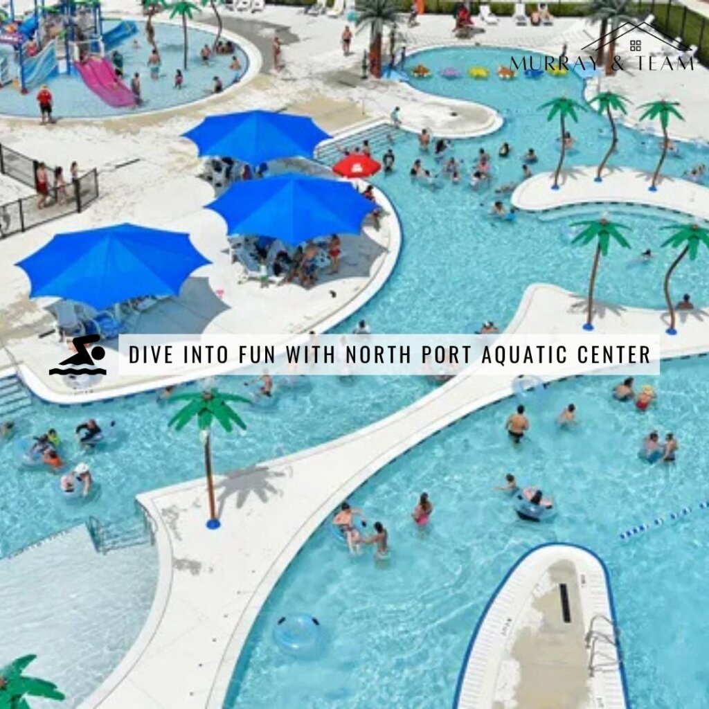Aerial view of families enjoying the pools, slides, and splash zones at North Port Aquatic Center in Florida.